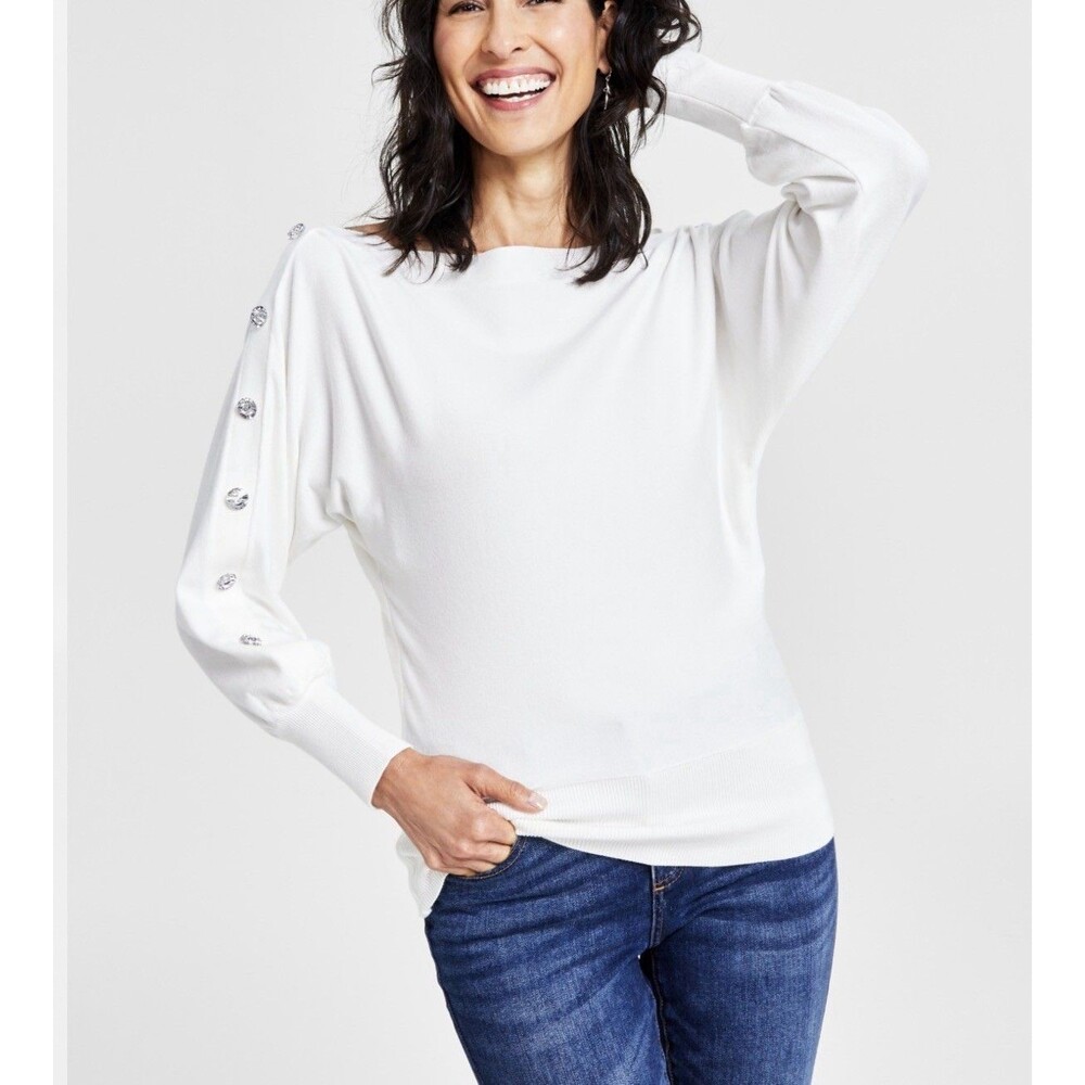 INC Women's White Boatneck Knit Sweater Rhinestone Buttons Dolman Sleeve Sz XL